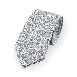 Men’s White w/ Dusty Blue Floral Print Necktie Slim 2.5” Width Wedding Party Tie